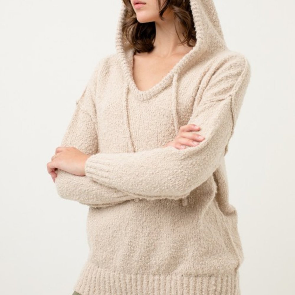 Oatmeal Boucle Knit Hooded Sweater